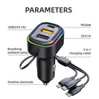 K5 With 3-in-1 Charging Cable Dual USB + 1 Type-C PD Phone Fast Charging Adapter Car Charger