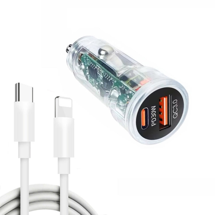 P35 48W PD30W + QC3.0 18W USB Transparent Car Charger with Type-C to 8 Pin Phone Data Cable, P35 with Cable (Transparent), P35 with Cable (Transparent Blue)