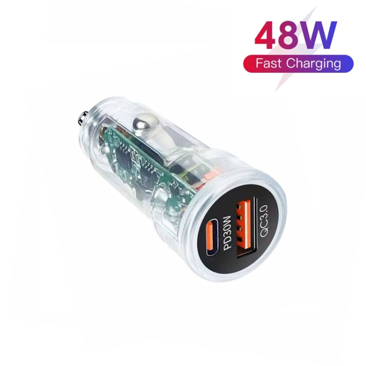 P35 48W PD30W + QC3.0 18W USB Transparent Car Charger with Type-C to 8 Pin Phone Data Cable, P35 with Cable (Transparent), P35 with Cable (Transparent Blue)