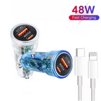 P35 48W PD30W + QC3.0 18W USB Transparent Car Charger with Type-C to 8 Pin Phone Data Cable, P35 with Cable (Transparent), P35 with Cable (Transparent Blue)