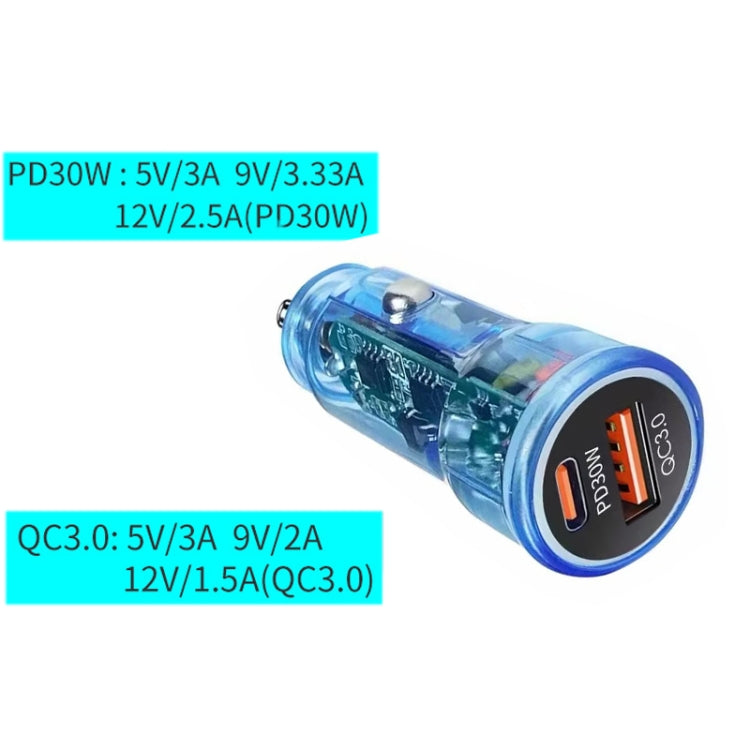 P35 48W PD30W + QC3.0 18W USB Transparent Car Charger with Type-C to 8 Pin Phone Data Cable, P35 with Cable (Transparent), P35 with Cable (Transparent Blue)