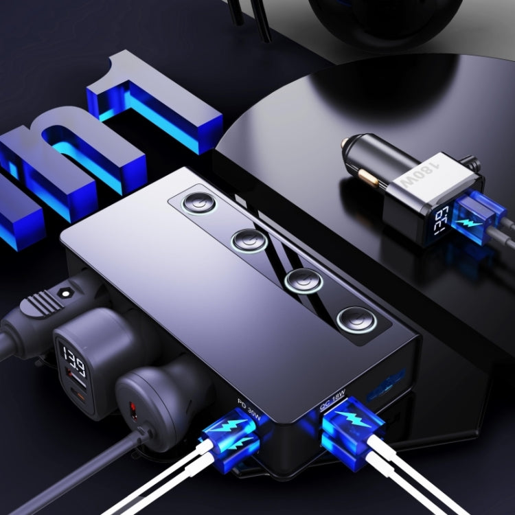 TR-54 9 In 1 Multi Ports PD+QC3.0 USB Car Charger Device 3 Socket Cigarette Lighter Splitter, TR-54