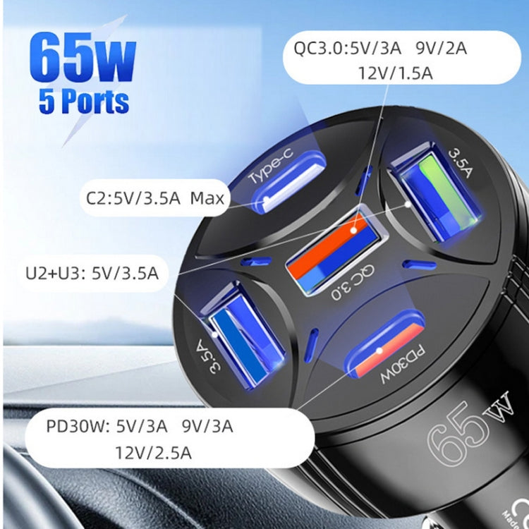 TE-P50 65W PD30W Type-C x 2 + USB x 3 Multi Port Car Charger with 1m Type-C to 8 Pin Data Cable, with 8 Pin Cable