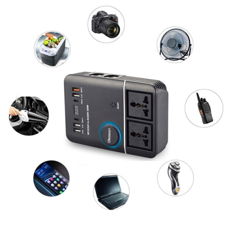 USB+Type-C to 220V QC3.0 200W Power Socket Cigarette Lighter Car Power Inverter, 200W