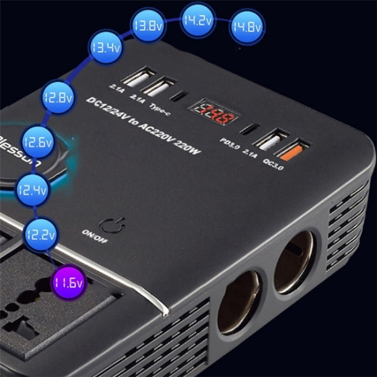 USB+Type-C to 220V QC3.0 200W Power Socket Cigarette Lighter Car Power Inverter, 200W
