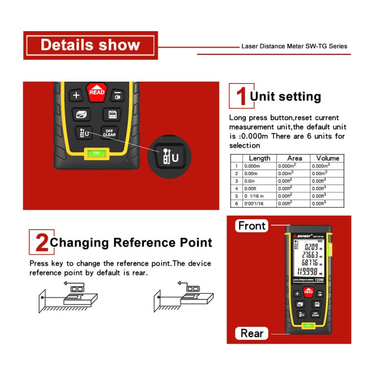 SNDWAY Double Horizontal bubble Rangefinder Laser Distance Meter Range Hand Tool Device SW-TG120