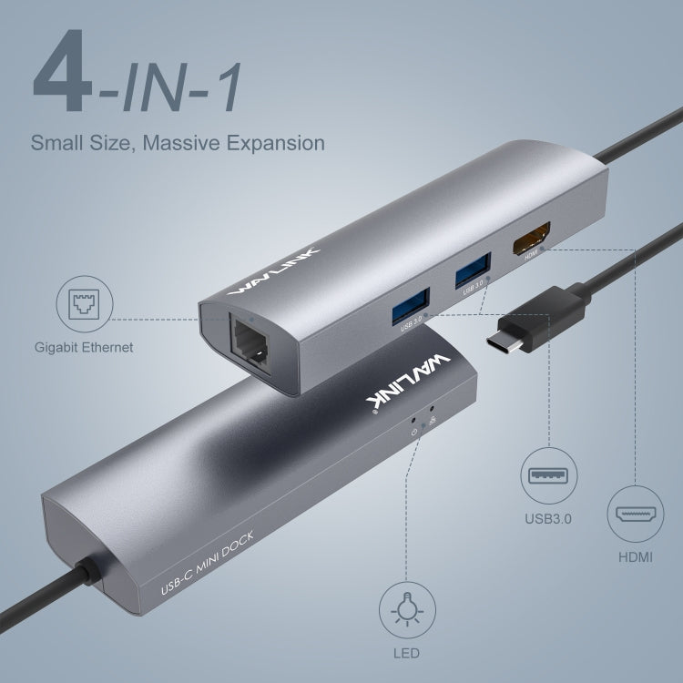 WAVLINK WL-UHP3408 USB HUB Adapter 4-in-1 Type-C to HD + 2xUSB3.0 + Gigabit RJ45 Docking Station, UHP3408