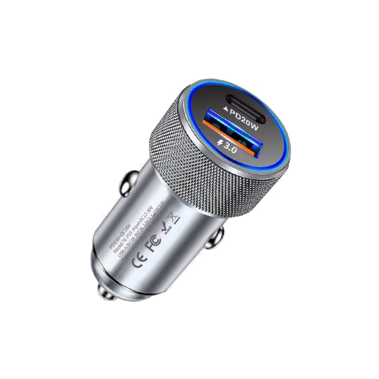 P19 Metal PD20W USB-C + QC18W USB Car Charger with Type-C to 8 Pin Date Cable, Type-C to 8 Pin Date Cable