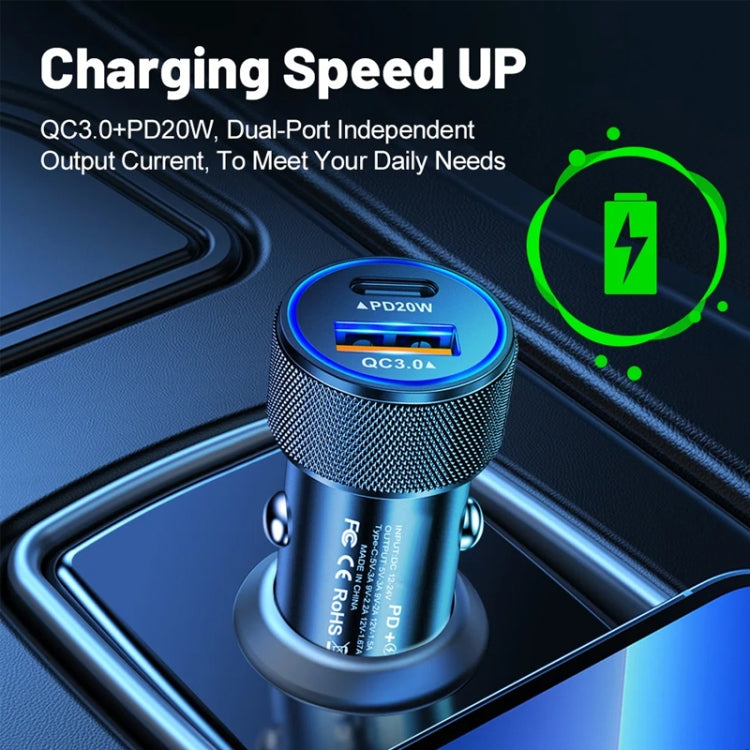 P19 Metal PD20W USB-C + QC18W USB Car Charger with Type-C to 8 Pin Date Cable, Type-C to 8 Pin Date Cable