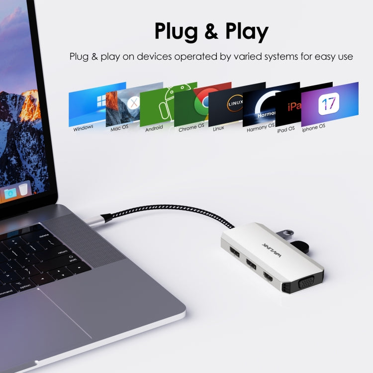 WAVLINK WL-UMD307 Type-C to 2DP + 4K HD + VGA + 3 x USB2.0 HUB Docking Station, UMD307