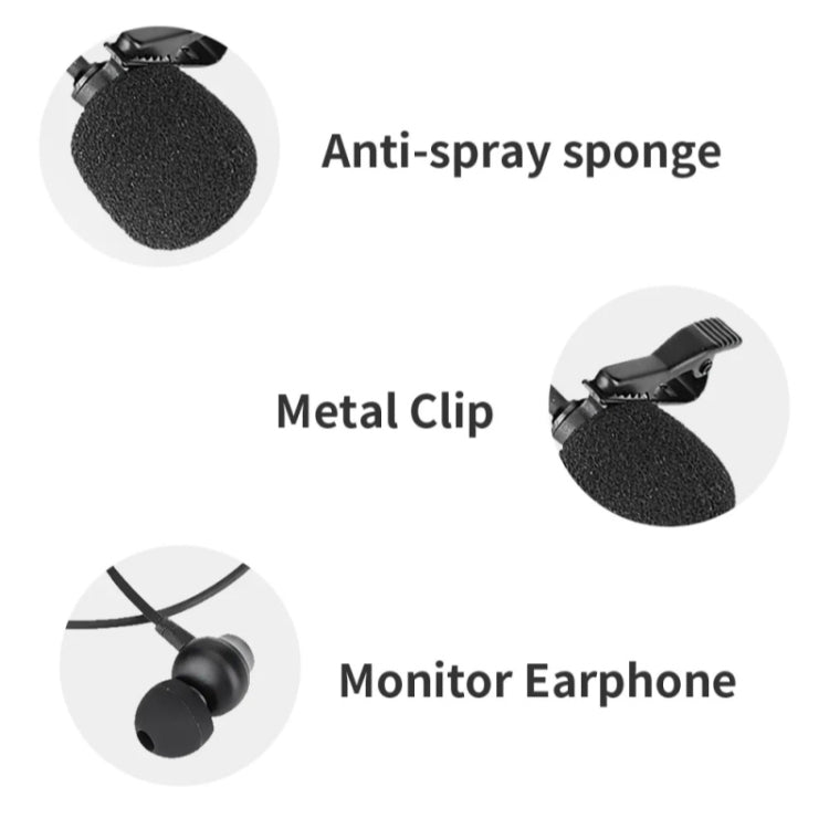 JMARY MC-R5 Lavalier 3.5mm Port Wired Microphone With Sound Monitoring Earphone, Length: 3m, MC-R5