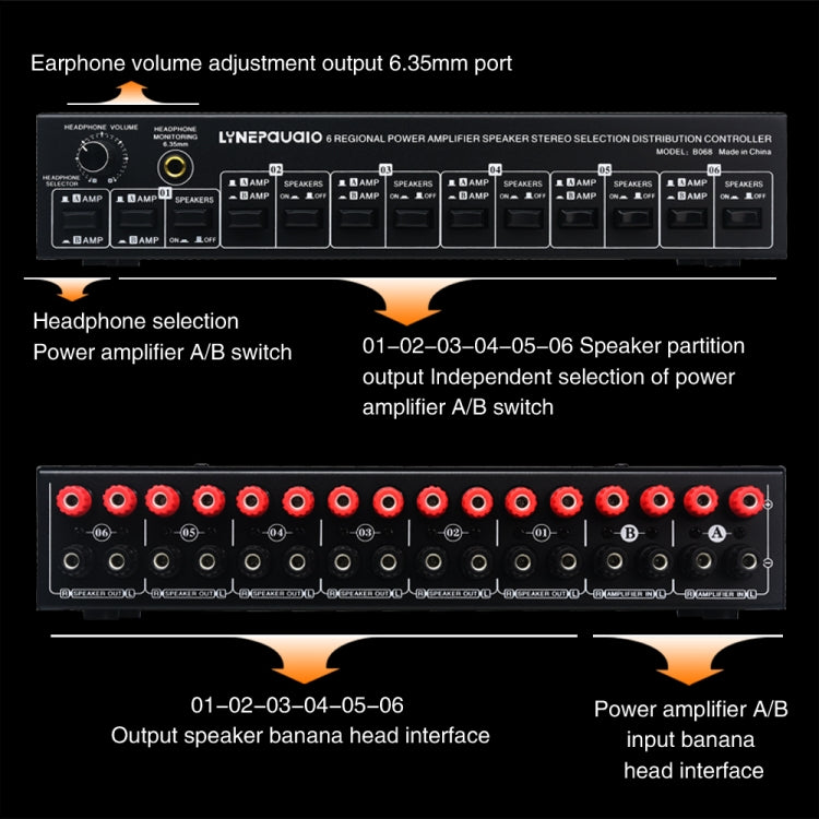 2 In 6 Out Power Amplifier Speaker Selector 6 Region Stereo Speaker Switcher, 2 In 6 Out