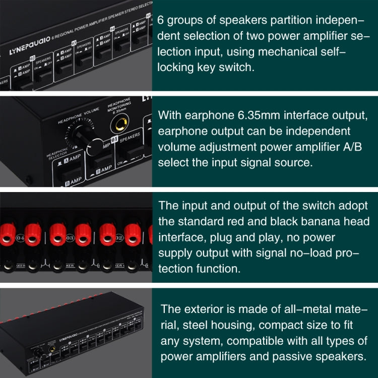 2 In 6 Out Power Amplifier Speaker Selector 6 Region Stereo Speaker Switcher, 2 In 6 Out