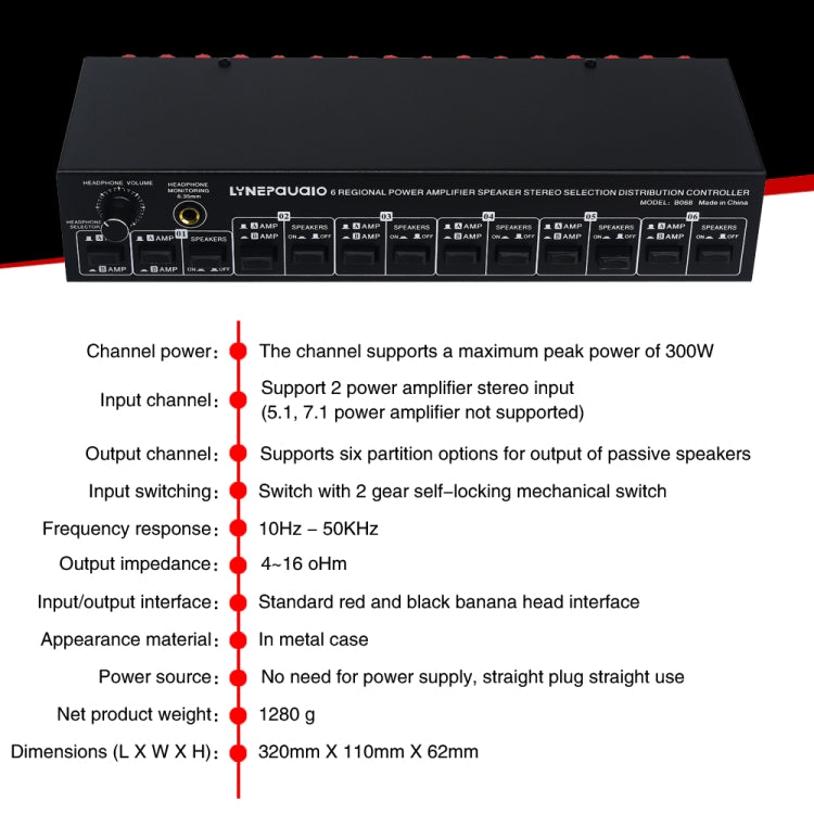 2 In 6 Out Power Amplifier Speaker Selector 6 Region Stereo Speaker Switcher, 2 In 6 Out