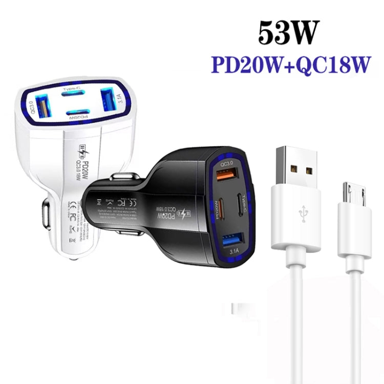 P49 53W PD20W Type-C + USB 4-port Car Charger with USB to Micro USB Data Cable, USB to Micro USB Data Cable