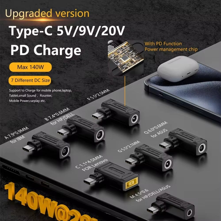 140W Computer Charging Adapter with DC 4.5 x 0.6mm to USB-C / Type-C Port For Lenovo Thinkpad / ThinkBook / Xiaoxin, DC 4506 M, DC 7406 B, DC 5521 G, DC 5525 F, DC 6006 Q, DC 7909 A, DC Yellow Square Port C