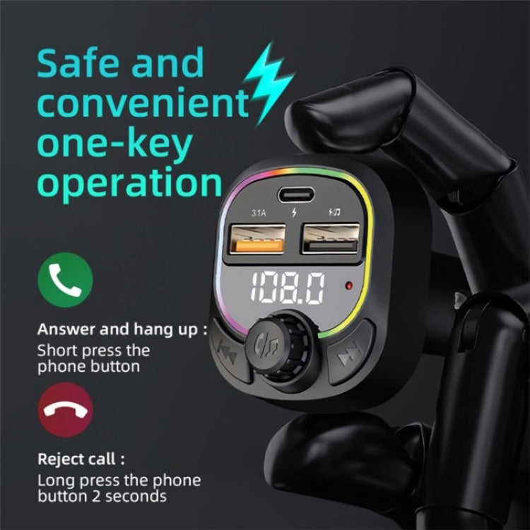 C6 Type-C+2 USB Fast Charger Audio MP3 Player Digital Display FM Car Bluetooth Transmitter, C6