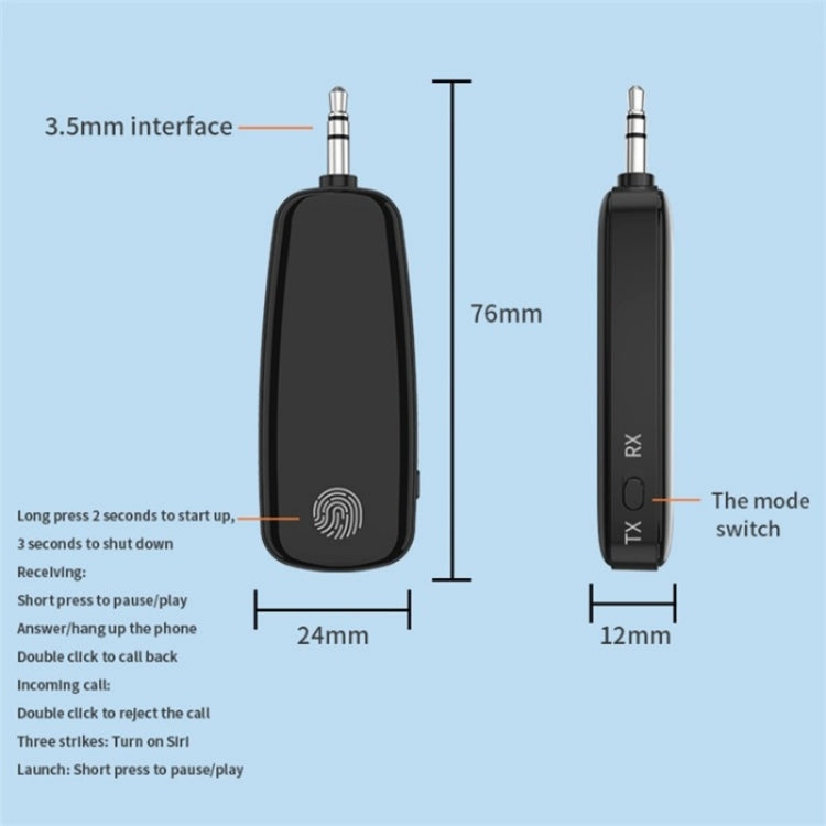 M03 Fingerprint Touch Stereo Aux Wireless Adapter Bluetooth 5.2 Audio Receiver Transmitter, M03