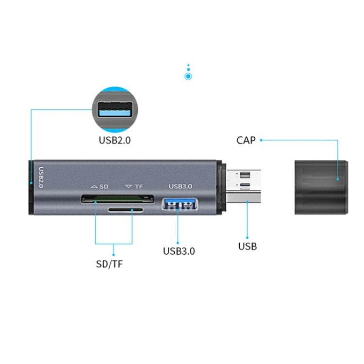 ADS-308A SD / TF Card Reader Aluminum Alloy USB 3.0 + USB 2.0 Splitter Hub