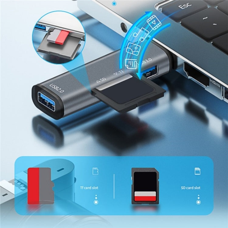 ADS-308A SD / TF Card Reader Aluminum Alloy USB 3.0 + USB 2.0 Splitter Hub