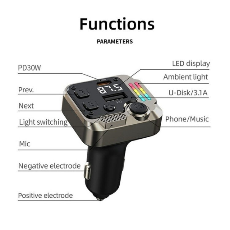 C68 Dual Port Bluetooth FM Transmitter PD 30W Car Charger Music Player Hands-Free Call, C68