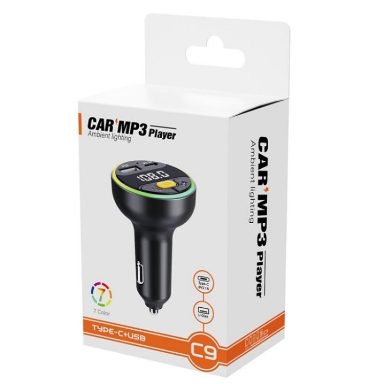 C9 Digital Display FM Transmitter Multifunctional Bluetooth Car MP3 Player USB Type-C Charger, C9