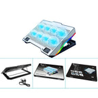 S608 RGB Light 8 Silent Fans Adjustable Height Stand Laptop Cooling Pad with Phone Holder, S608
