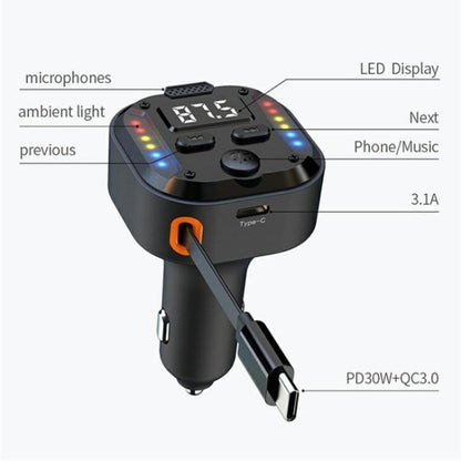 C69 PD 30W Fast Charger FM Transmitter Bluetooth Car Charger with Type-C Extendable Cable, C69