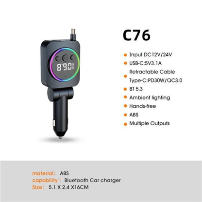 C76 Retractable Cable PD 30W Car Charger Cigarette Lighter Adapter Bluetooth FM Transmitter, C76