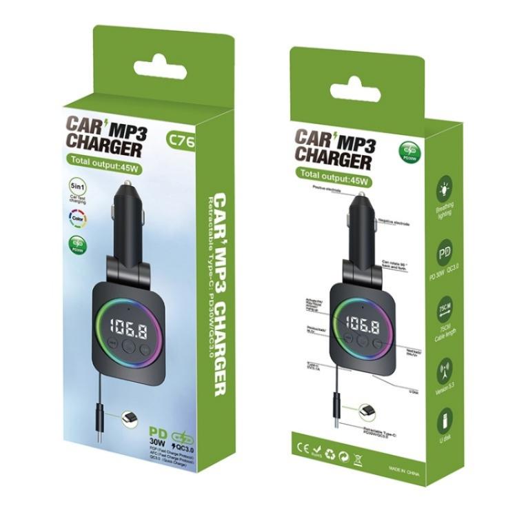 C76 Retractable Cable PD 30W Car Charger Cigarette Lighter Adapter Bluetooth FM Transmitter, C76