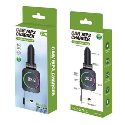 C76 Retractable Cable PD 30W Car Charger Cigarette Lighter Adapter Bluetooth FM Transmitter, C76