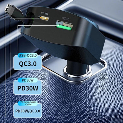 K38 Retractable Cable USB + Type-C Car Charger PD 30W Fast Charging Cigarette Lighter Adapter, K38
