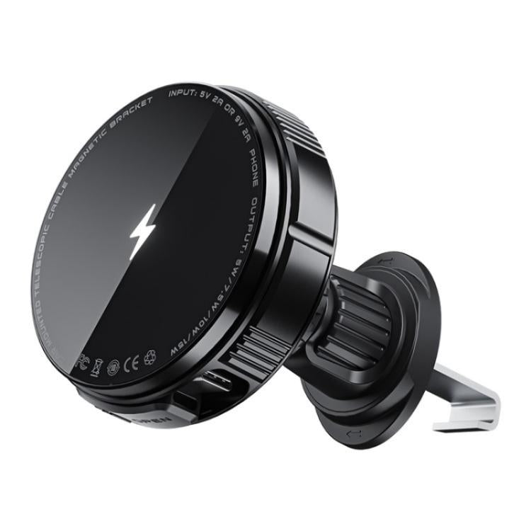 X02 With Retractable Cable 15W Car Air Vent Mount Magnetic Phone Holder Wireless Charger, X02 (Black), X02 (Silver)