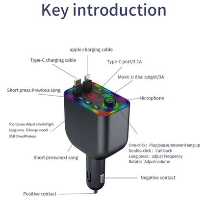 Y4 Retractable Cable Super Fast Charging Car Charger Bluetooth-Compatible MP3 Player, Y4