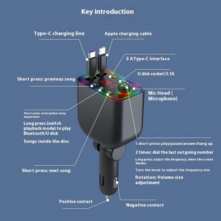 L4 Fast Charging Car Charger MP3 Player Retractable Cable FM Transmitter, L4
