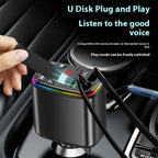 Y9 Retractable Cable Bluetooth FM Transmitter Voltage Display Car Charger MP3 Player, Y9