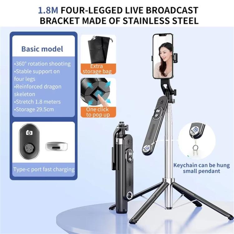 P510 Retractable Four-Legs Stand Portable Phone Stand Selfie Stick with Bluetooth Remote Control, P510