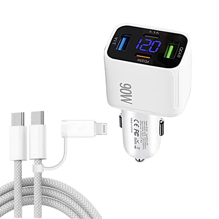 QC4.0 + PD3.0 LED Digital Display Car Charger with Type-C to Type-C / 8 Pin Data Cable, TE-S01 (White), TE-S01 (Black)