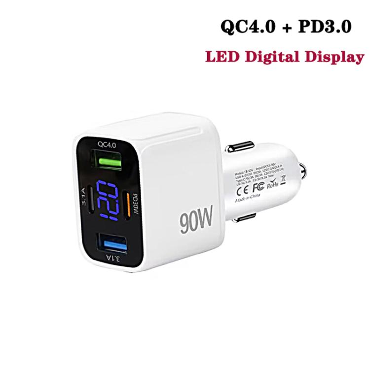 QC4.0 + PD3.0 LED Digital Display Car Charger with Type-C to Type-C / 8 Pin Data Cable, TE-S01 (White), TE-S01 (Black)