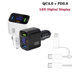 QC4.0 + PD3.0 LED Digital Display Car Charger with Type-C to Type-C / 8 Pin Data Cable, TE-S01 (White), TE-S01 (Black)