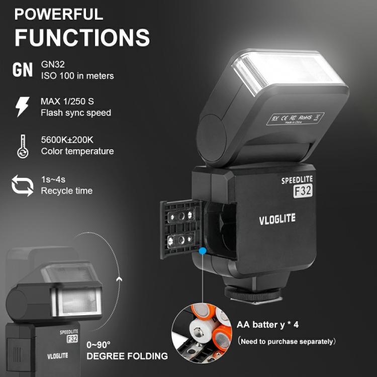 VLOGLITE F32 For Fuji Nikon Canon Sony DSLR Camera External Flash Light Portable Hot Shoe Light