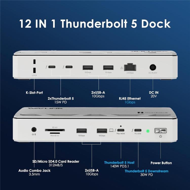 WAVLINK UTD58 12 in 1 120Gbps 140W Thunderbolt 5 Docking Station, US Plug, EU Plug, UK Plug, AU Plug