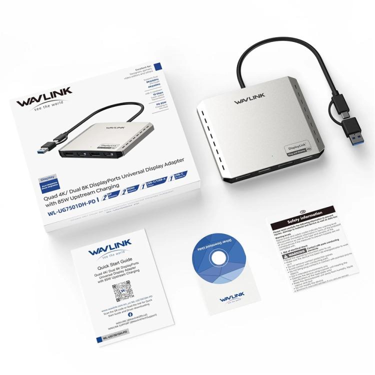 WAVLINK UG7501DH 85W Upstream Charging 2DP + 2HD Converter 4K / 8K Display Adapter, UG7501DH