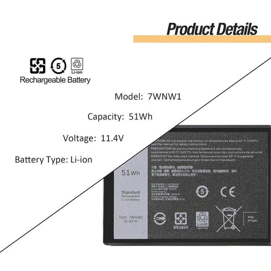 Laptop Battery For Dell Latitude 5424 5420 Rugged Latitude 7424 Rugged Extreme P137G, 7WNW1 11.4V 51Wh