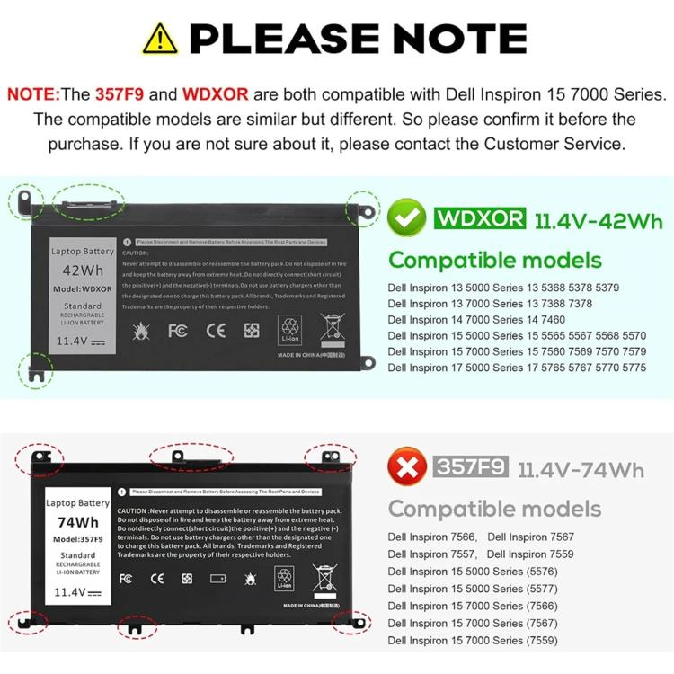3600mAh Laptop Battery Replacement For Dell Inspiron 14 7460 15 7560, WDX0R
