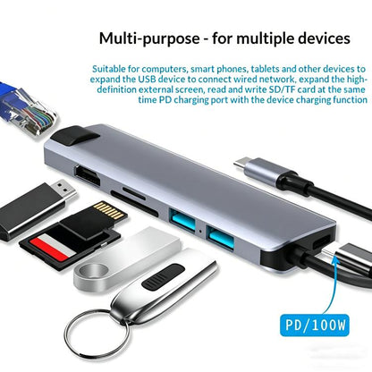 HC-75LC 4K HD PD100W Charging Gigabit Ethernet 7 in 1 USB-C Hub with USB 3.0 SD / TF Card Reader, HC-75LC