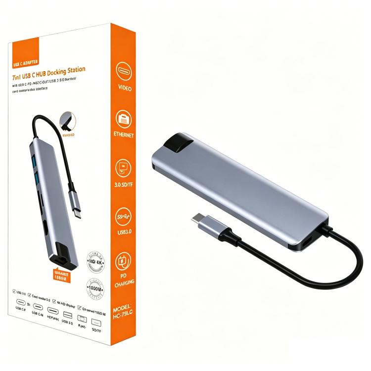 HC-75LC 4K HD PD100W Charging Gigabit Ethernet 7 in 1 USB-C Hub with USB 3.0 SD / TF Card Reader, HC-75LC