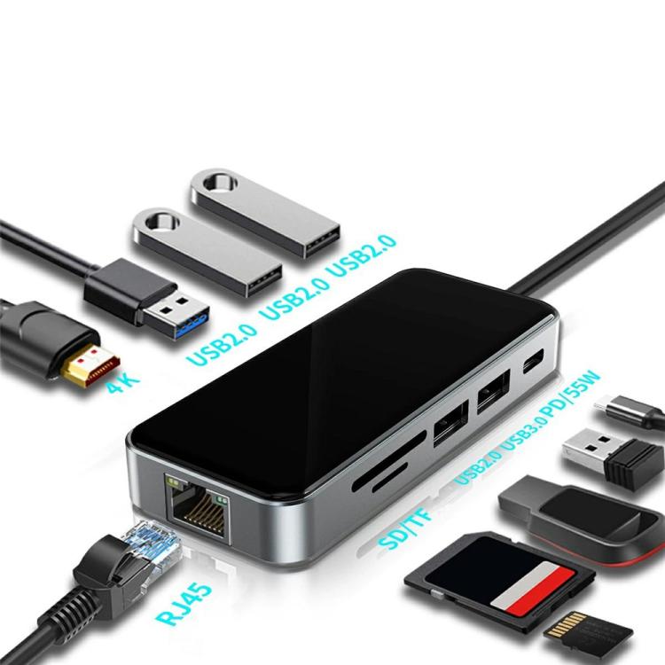 HC-76 4K HD RJ45 Ethernet SD TF Card Reader Multi Port Adapter 10 in 1 USB-C Hub Docking Station, HC-76