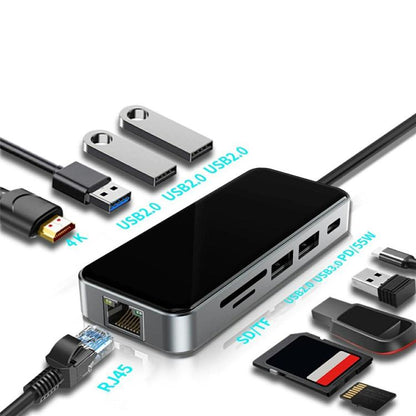 HC-76 4K HD RJ45 Ethernet SD TF Card Reader Multi Port Adapter 10 in 1 USB-C Hub Docking Station, HC-76