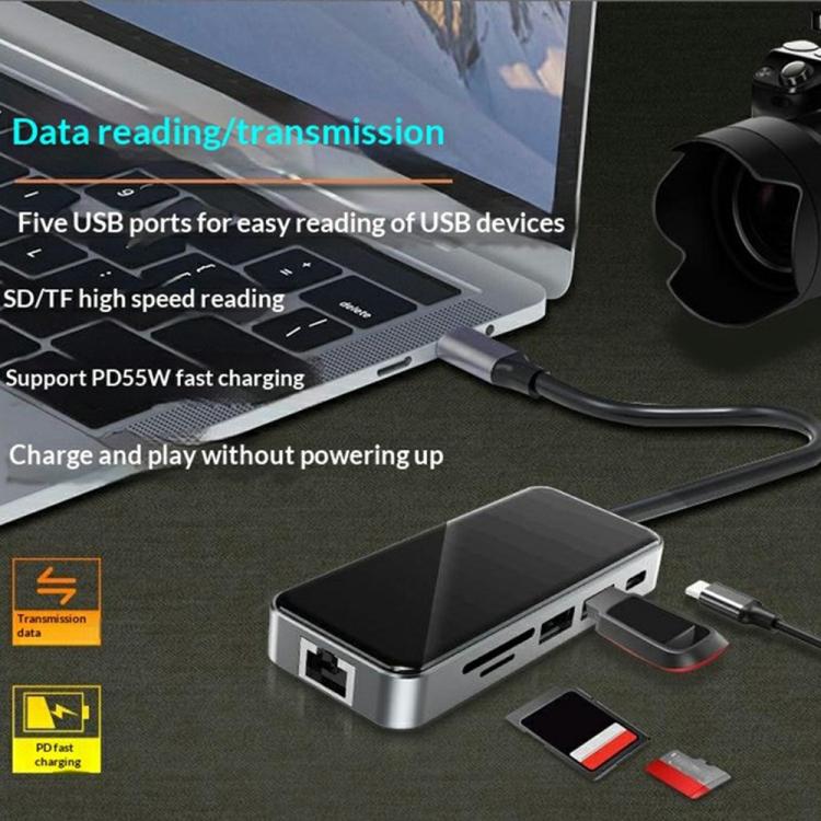 HC-76 4K HD RJ45 Ethernet SD TF Card Reader Multi Port Adapter 10 in 1 USB-C Hub Docking Station, HC-76